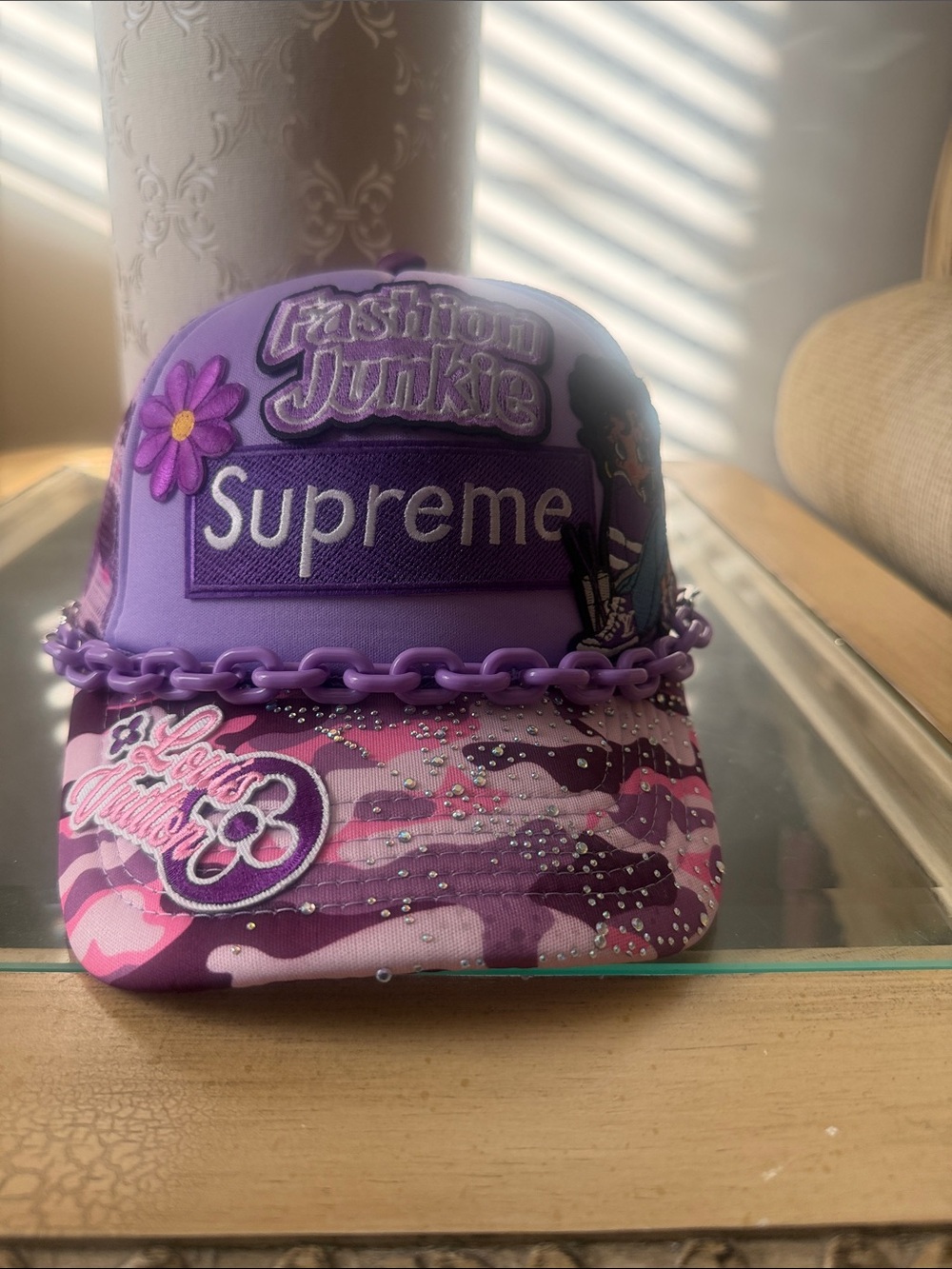 Supreme Purple Fashion Junkie Kids Cap with Decorative Chain